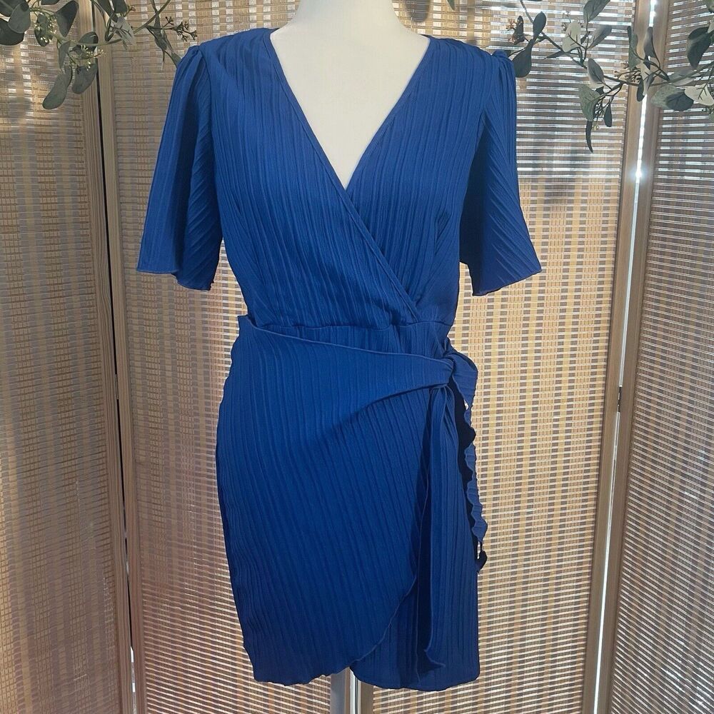 SHEIN Lune 6(M) Blue Butterfly Sleeve Knot Side Wrap Dress Short Sleeve New